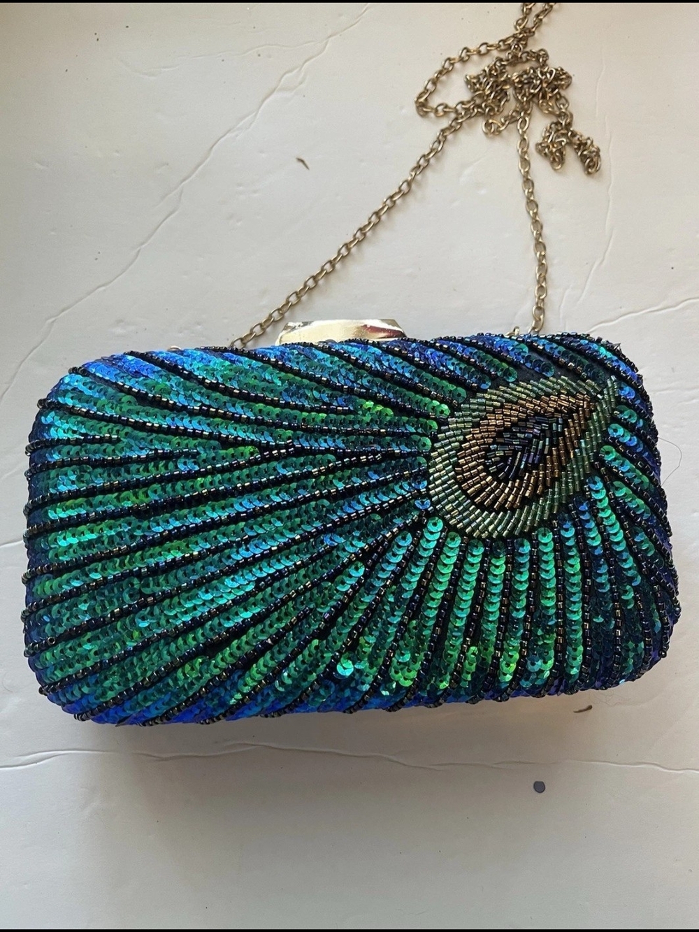 Sequined Peacock Clutch Bag with Chain Strap - Blue Green
